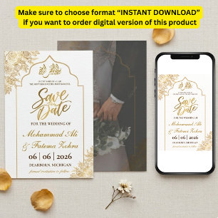 Gold Floral Mosque Elegance Nikah Save the date Invitation