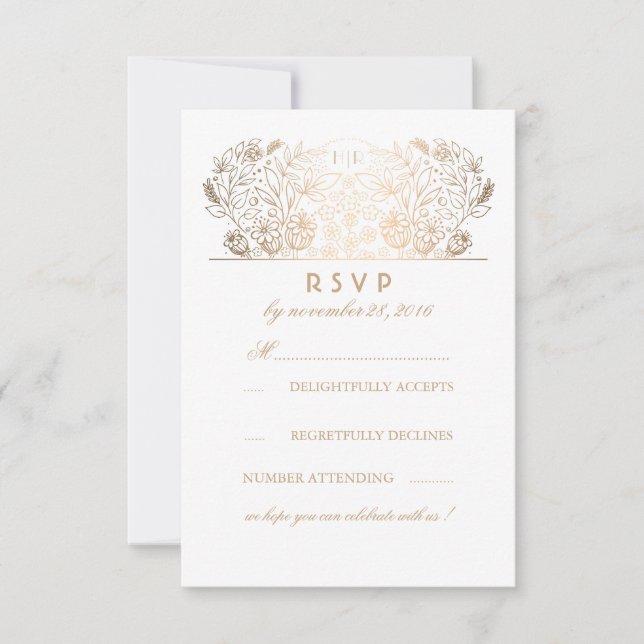 Gold Floral Navy and White Wedding RSVP Card (Front)