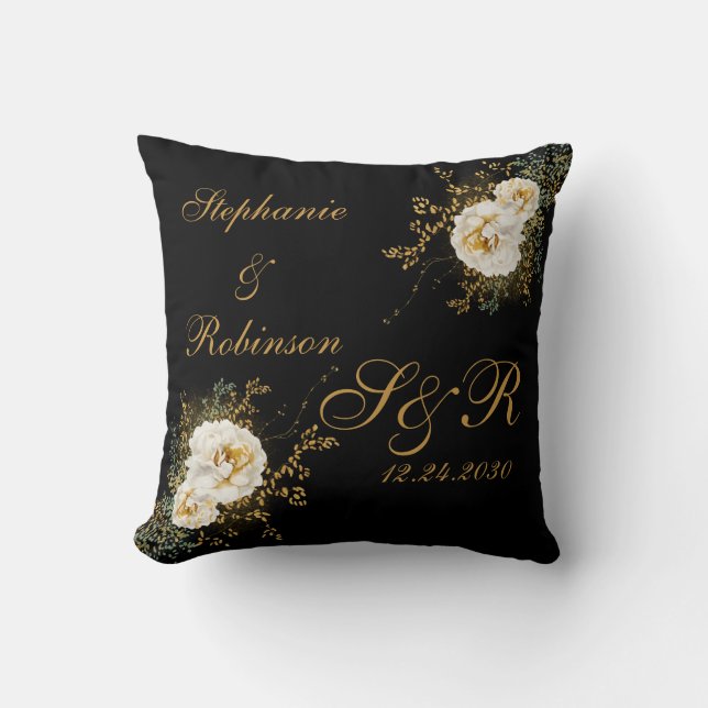 Gold Floral On Black Monogram Logo Wedding  Throw Pillow (Front)