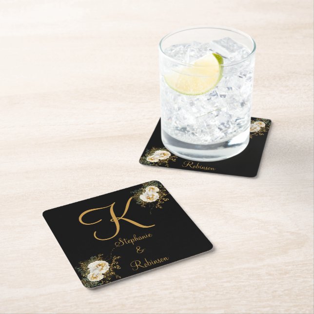 Gold Floral On Black Wedding Gift  Monogram  Square Paper Coaster (Insitu)
