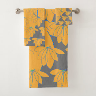 Gold Floral On Grey Gift Bath Towel Set