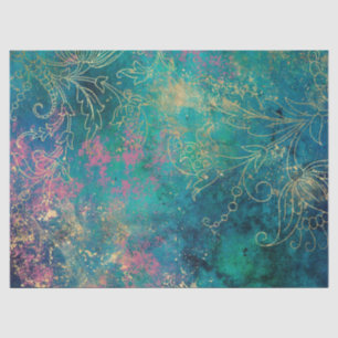 Gold Floral Outlines on Pink Teal Decoupage Tissue Paper