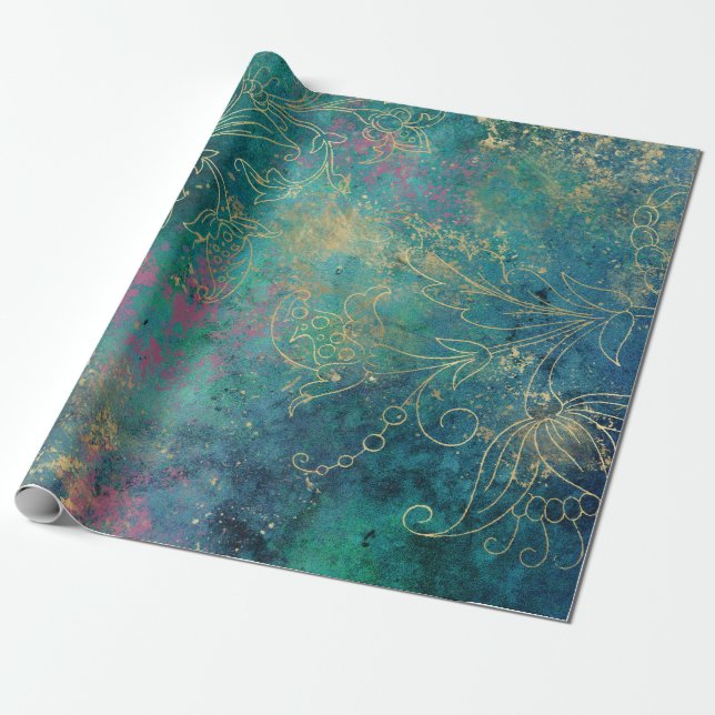 Gold Floral Outlines on Pink Teal Wrapping Paper (Unrolled)