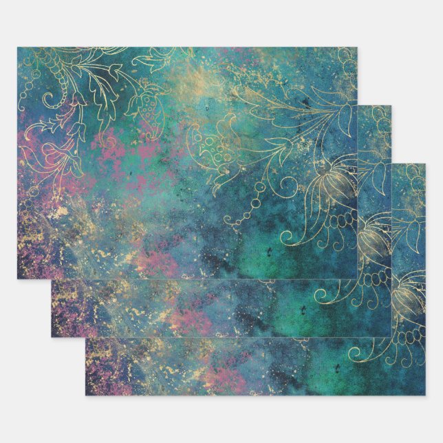 Gold Floral Outlines on Pink Teal Wrapping Paper Sheet (Set)