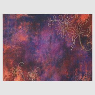 Gold Floral Outlines on Purple Orange Decoupage Tissue Paper