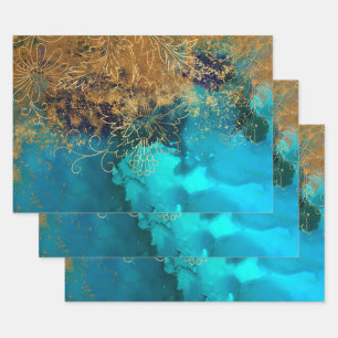 Gold Floral Outlines on Teal Green Wrapping Paper Sheet