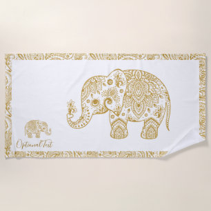 Gold Floral Paisley Elephant Illustration Beach Towel