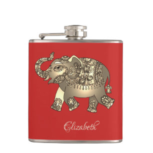 Gold Floral Paisley Elephant,Red- Personalized Hip Flask