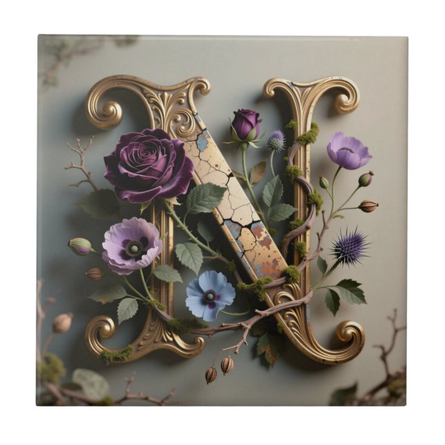 Gold Floral Patina Letter N Monogram Tile (Front)