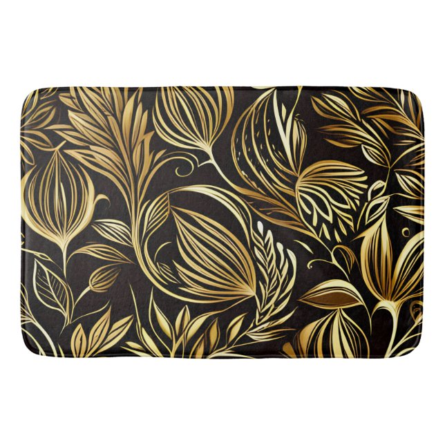 Gold Floral Pattern On Black Bath Mat (Front)