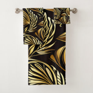 Gold Floral Pattern On Black Bath Towel Set