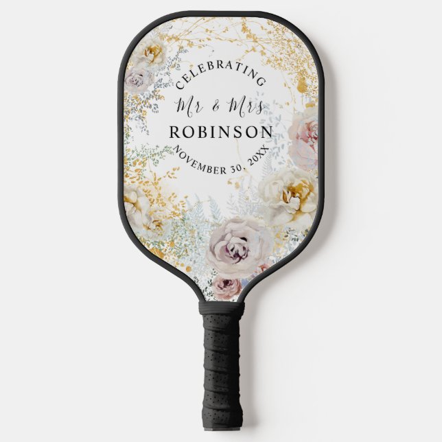 Gold Floral Personalized Wedding Pickleball Paddle (Front)