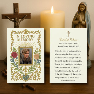 Gold Floral Photo Catholic Funeral Memorial Prayer