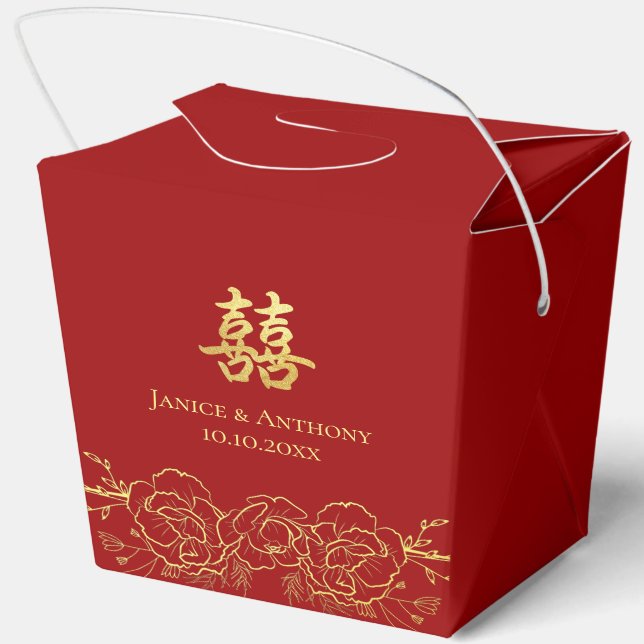Gold floral photo couple Chinese wedding thank you Favor Box (Back)