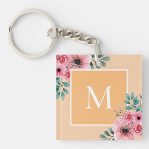 Gold Floral Photo Monogram Key Ring