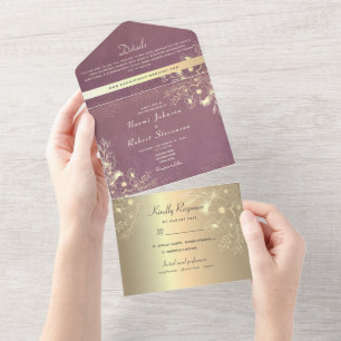 Gold Floral Purple Wedding All In One Invitation