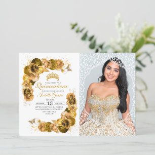 Gold Floral Quinceanera Birthday Photo Invitation
