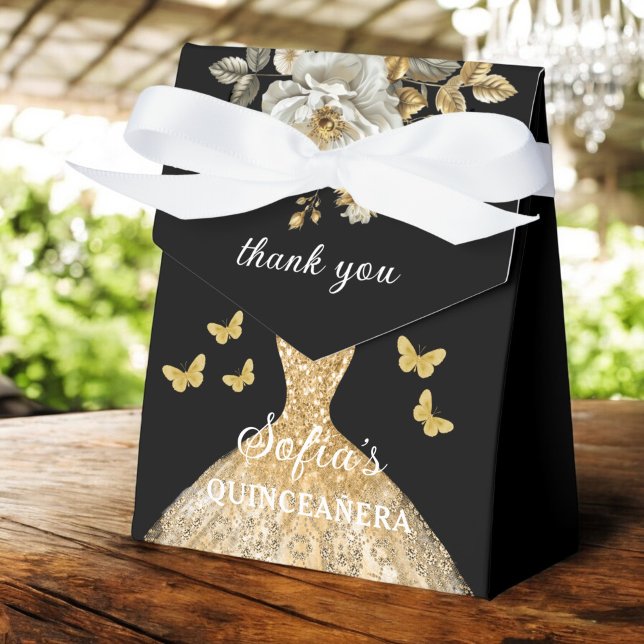 Gold Floral Quinceañera Butterflies Favor Box (Creator Uploaded)