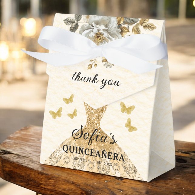 Gold Floral Quinceañera Butterflies Favor Box (Creator Uploaded)