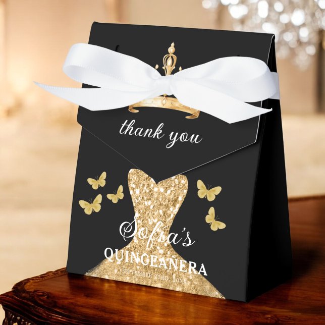 Gold Floral Quinceañera Butterflies Favor Box (Creator Uploaded)