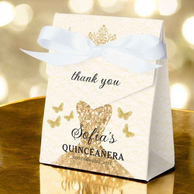 Gold Floral Quinceañera Butterflies Favor Box (Creator Uploaded)