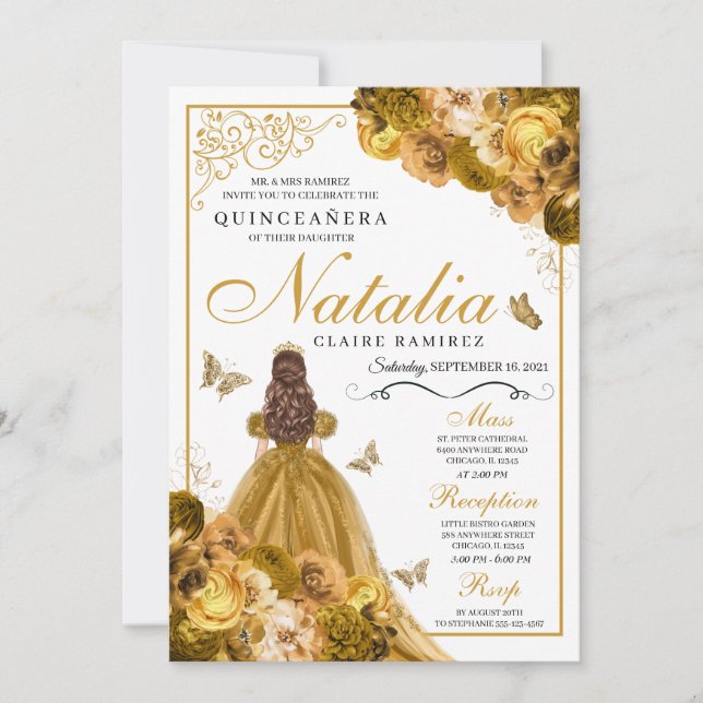 Gold Floral Quinceanera Invitation Anniversaire (Devant)
