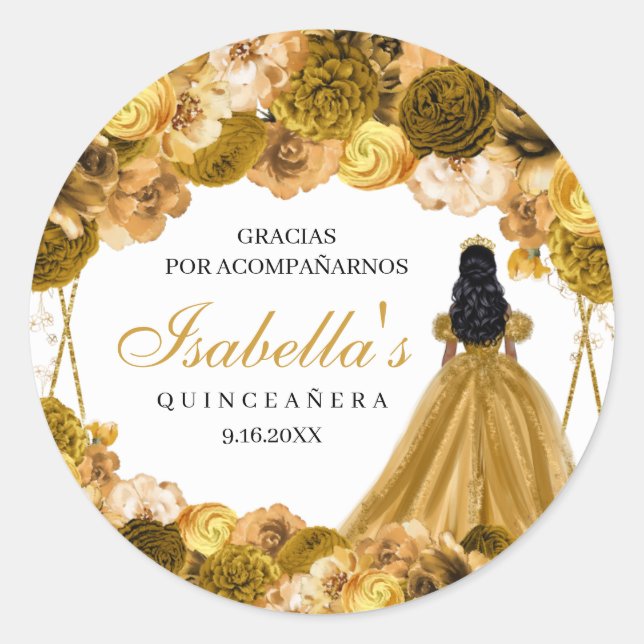 Gold Floral Quinceanera Round Stickers (Front)