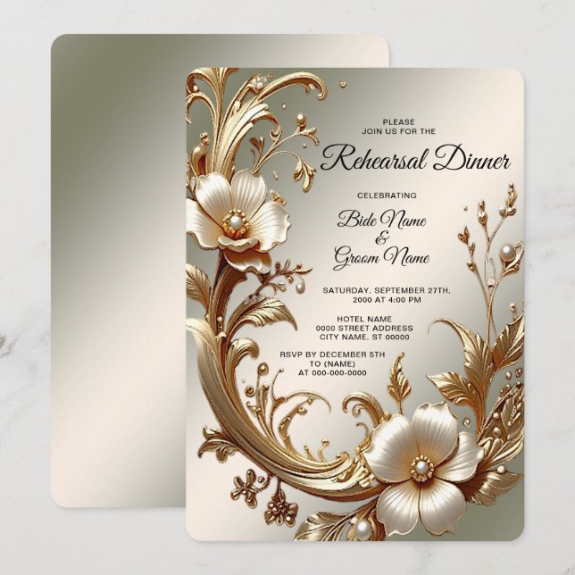 Gold Floral Rehearsal Dinner Invitation (Front/Back)