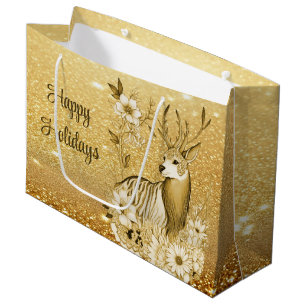 Gold Floral Reindeer Gift Bag