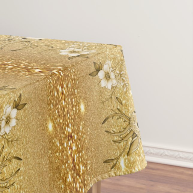 Gold Floral Reindeer Holiday Tablecloth (In Situ)