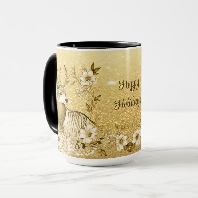  Gold Floral Reindeer Mug (Front Left)