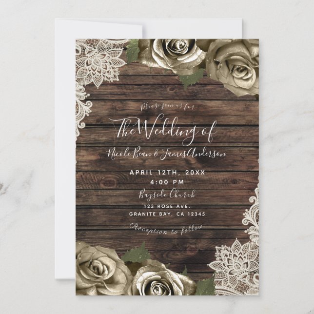Gold Floral Roses Rustic Wood Cream Lace Invitation (Front)