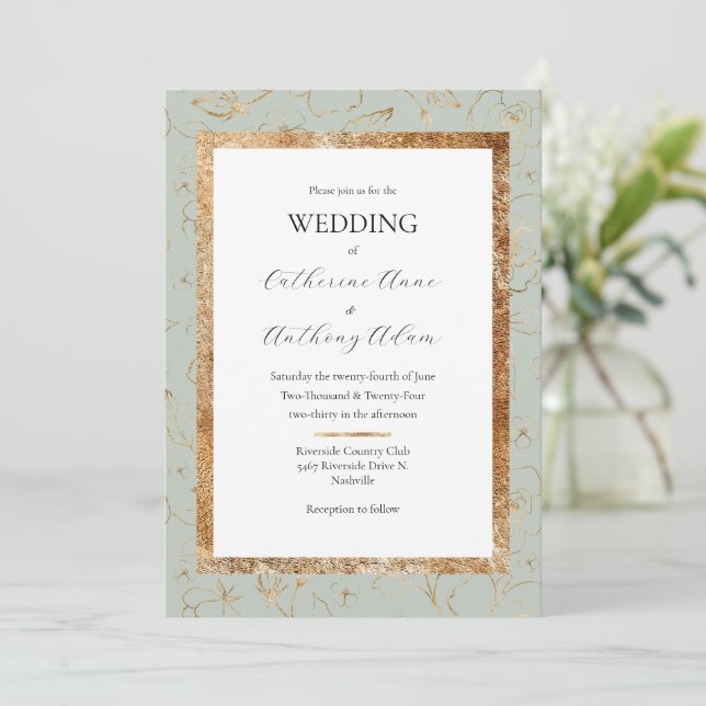 Gold Floral Sage Green Modern Wedding  Invitation (Standing Front)