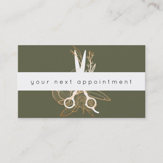 Gold Floral Salon Scissors Logo Appointment Business Card (Front)