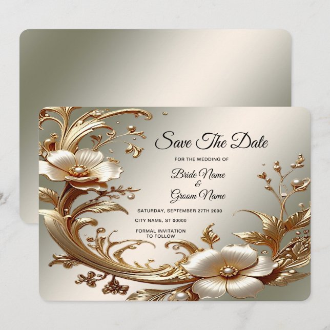 Gold Floral Save The Date (Devant / Derrière)
