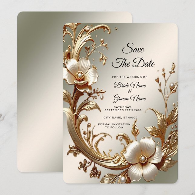 Gold Floral Save the Date (Devant / Derrière)