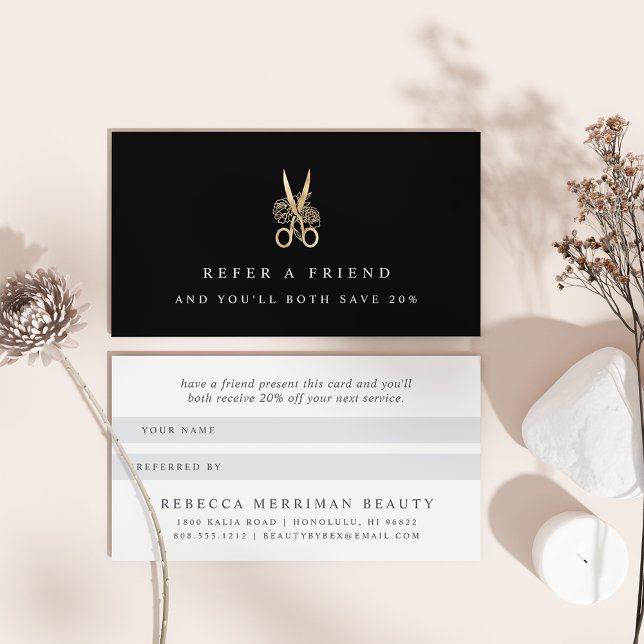 Gold Floral Scissors Logo | Salon Referral Card (Creator Uploaded)