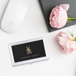 Gold Floral Scissors Personalized Hairstylist Business Card Holder<br><div class="desc">Elegant business card holder for hairstylists or salon owners features your name and/or business name in classic white lettering on a black background adorned with a pair of floral-embellished scissors in faux gold foil. Makes a beautiful personalized gift for a hairstylist or cosmetology school graduate.</div>