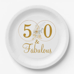 Gold Floral Script 50th Birthday Party Paper Plate