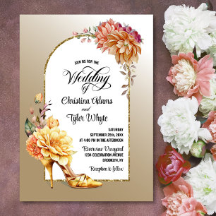 Gold Floral Shoe Gold Arch Wedding  Invitation