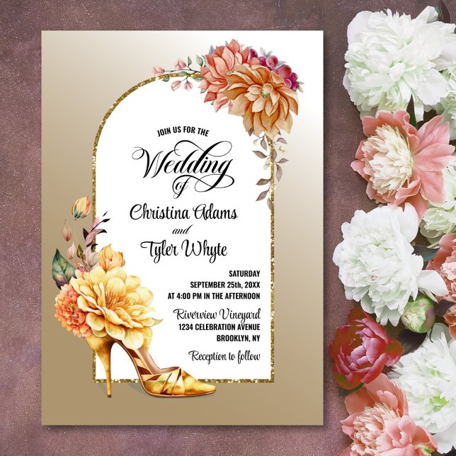 Gold Floral Shoe Gold Arch Wedding  Invitation (Creator Uploaded)