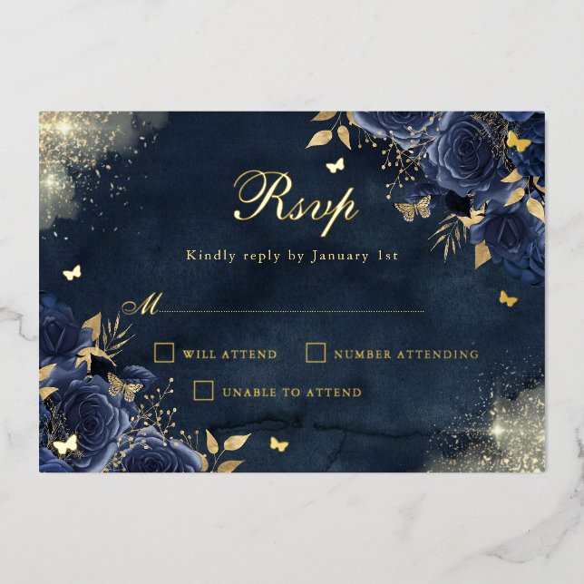 Gold Floral Sparkle Butterfly Navy Quinceanera (Front)