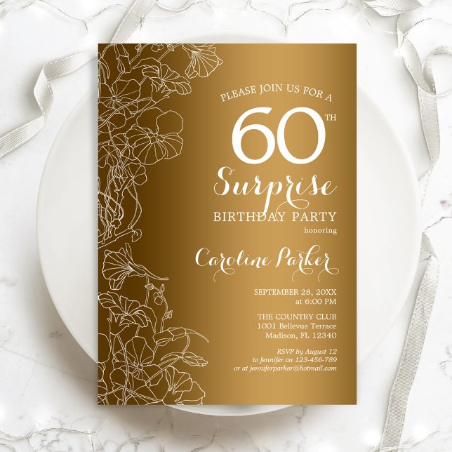 Gold Floral Surprise 60th Birthday Party Invitation (Creator Uploaded)