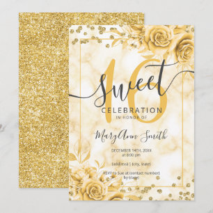 Gold Floral Sweet 16 Birthday Marble Glitter Invitation