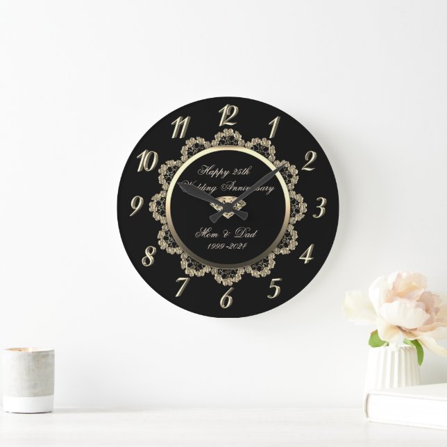 Gold Floral Swirls Black 25th Wedding Anniversary Large Clock (Home)