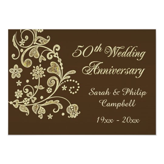 Gold floral swirls, hearts 50 Wedding Anniversary Card