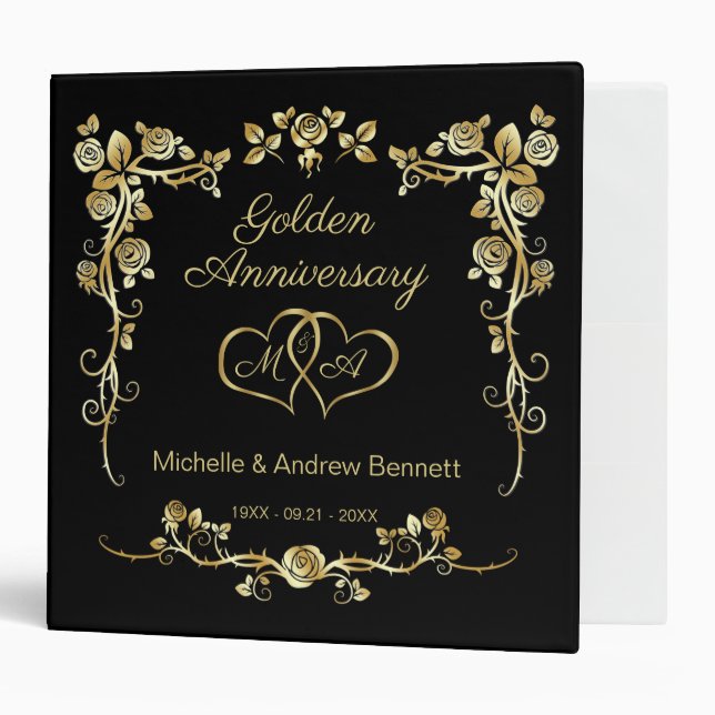 Gold Floral Swirls Hearts 50th Wedding Anniversary Binder (Front/Inside)