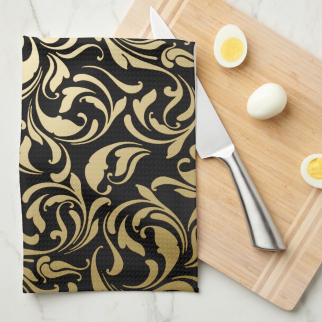 Gold Floral Swirls Kitchen Towel (Quarter Fold)