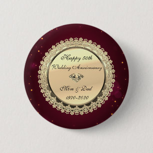 Gold Floral Swirls Red 50th Wedding Anniversary 2 Inch Round Button