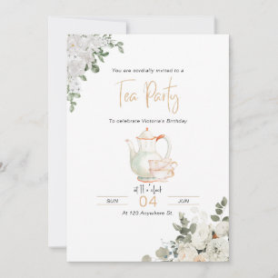 Gold Floral Tea Party Anniversaire Invitation